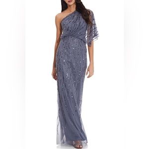 Dusty blue Adrianna Papell Beaded One-Shoulder Gown. Size 2